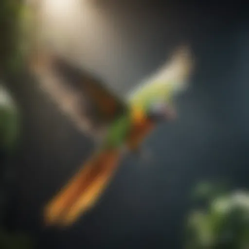 A vibrant parrot soaring through the air, showcasing its flying ability.