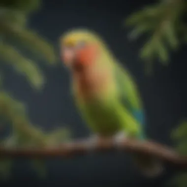 A vibrant parakeet perched on a branch, singing melodiously.