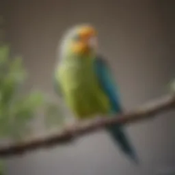 A vibrant parakeet perched on a branch with a stethoscope nearby, symbolizing avian health