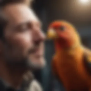 A close-up of a bird owner bonding with their pet through training.