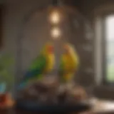 Colorful parakeets perched on a well-designed birdcage