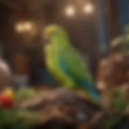 A beautifully arranged parakeet habitat with natural elements and toys.