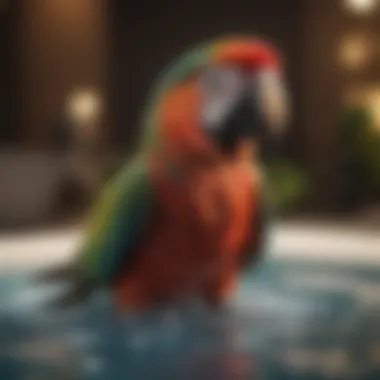 A colorful parrot interacting with water, highlighting the psychological benefits of bathing.