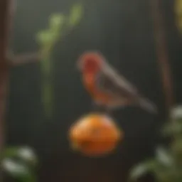 Colorful hanging toys for finches in a cage