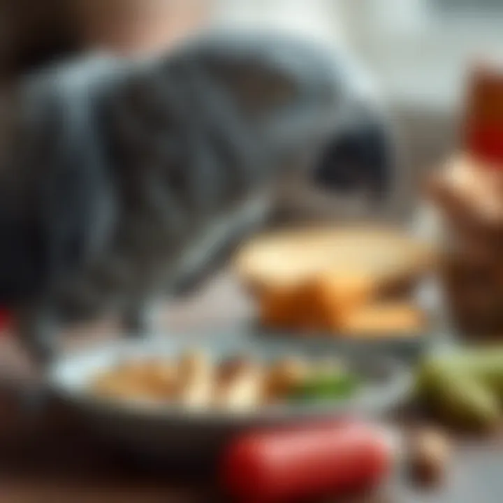 African Grey parrot enjoying a balanced meal with supplements