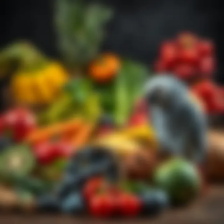 Colorful array of fruits and vegetables for African Grey parrots