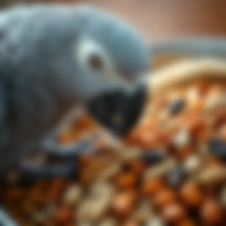 Close-up of African Grey parrot exploring a variety of seeds and nuts