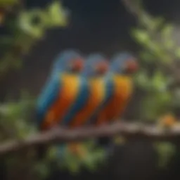 Colorful pet birds perched on a branch