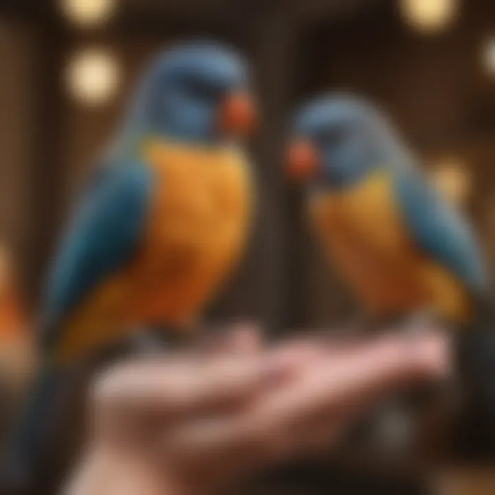 A close-up of a bird owner's hand gently interacting with a pet bird.