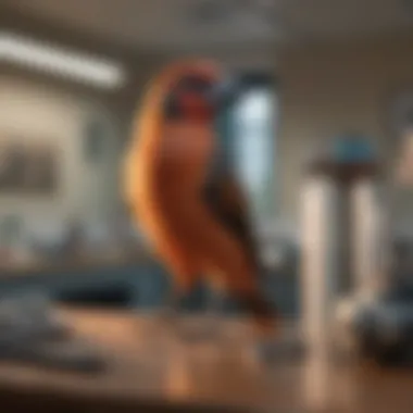 A bird in a veterinarian's office, showcasing examination tools.