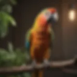 A vibrant parrot perched on a branch, looking alert and healthy.