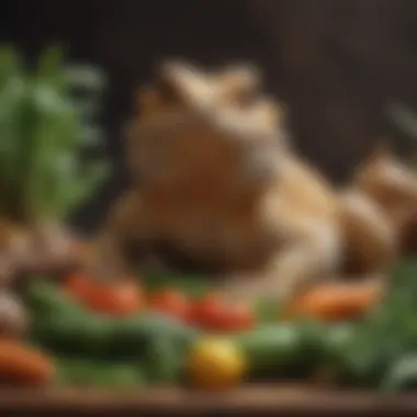 A well-arranged diet for a bearded dragon, featuring various fresh vegetables and insects.