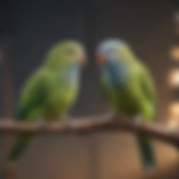 Two parakeets interacting playfully with each other.