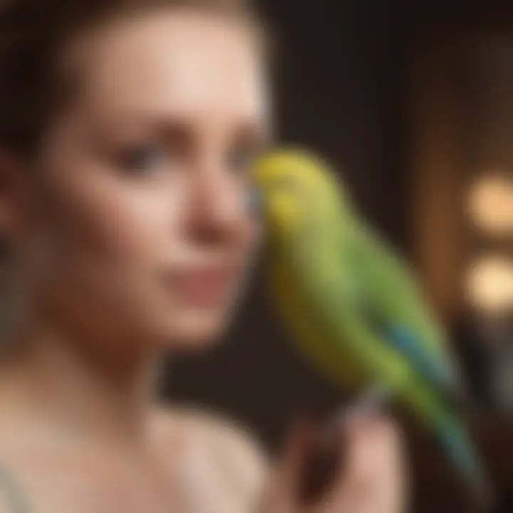 Charming budgerigar interacting with its owner