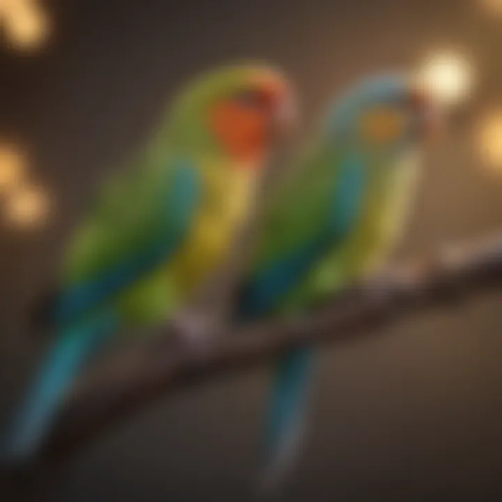 Colorful parakeets perched playfully on a branch