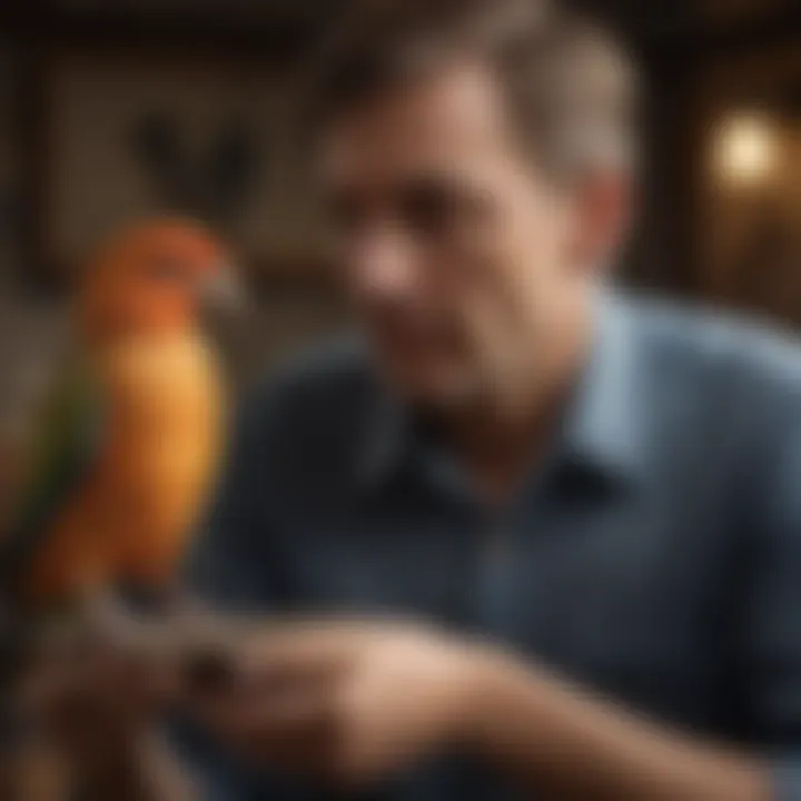 An owner engaging with their pet bird, highlighting the bond between them.