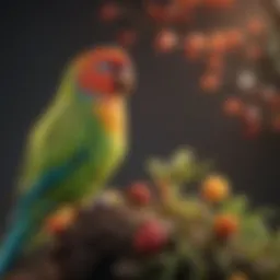 A vibrant parakeet perched on a colorful branch