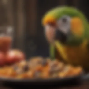 A detailed close-up of a parrot enjoying its nutritious meal