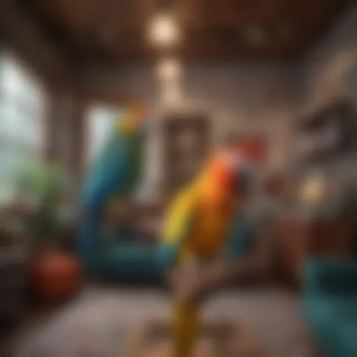 Spacious and colorful parrot cage in a cozy living room