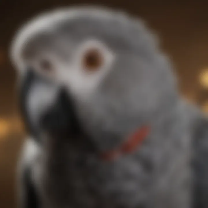 A close-up of an African Grey Parrot's face, highlighting its expressive eyes and unique beak.