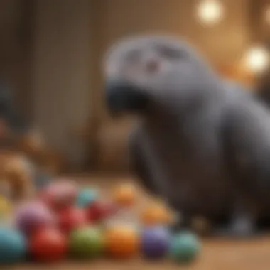 An African Grey Parrot engaging with a variety of toys, illustrating its playful and intelligent nature.