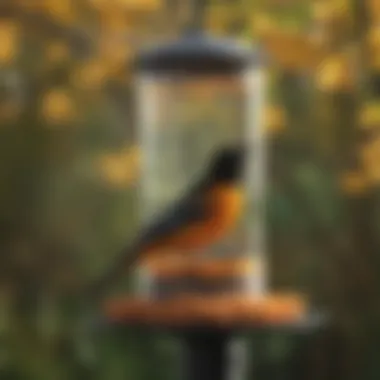 Seasonal scenery highlighting the changing environment around a Baltimore Oriole feeder