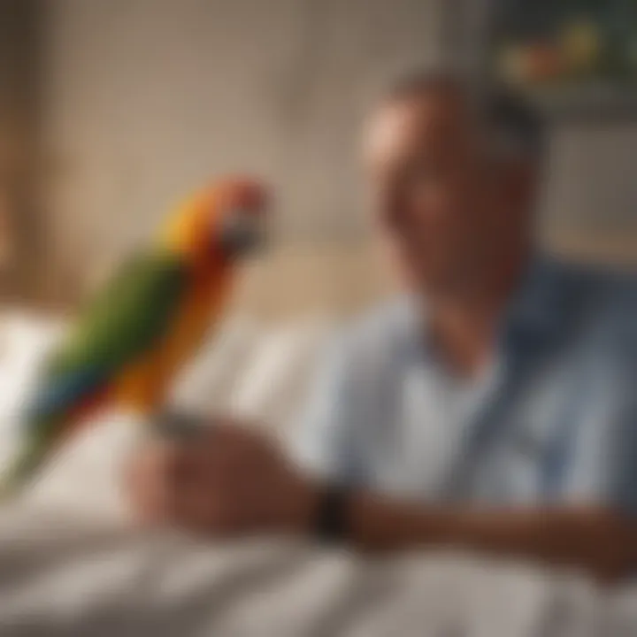 A playful parrot interacting with its owner on a bed, highlighting the bond between pet birds and their caregivers.