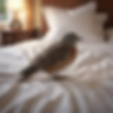 A serene moment of relaxation with a bird calmly resting on the bed, illustrating the calming effects of avian companionship.