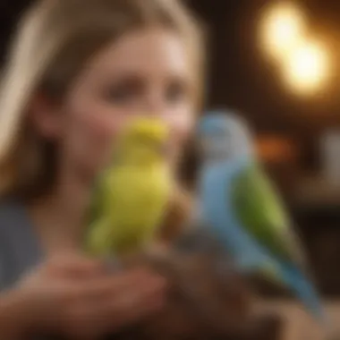 A gentle budgerigar interacting with a child