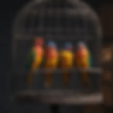 Colorful birds perched in a large cage