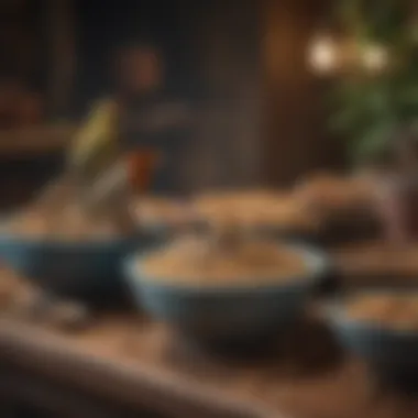 A selection of healthy bird food displayed in different types of bowls.