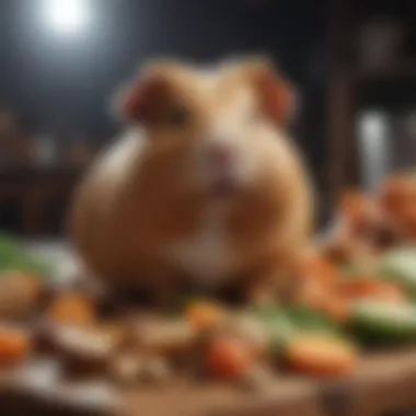 A guinea pig enjoying a variety of healthy foods and treats.