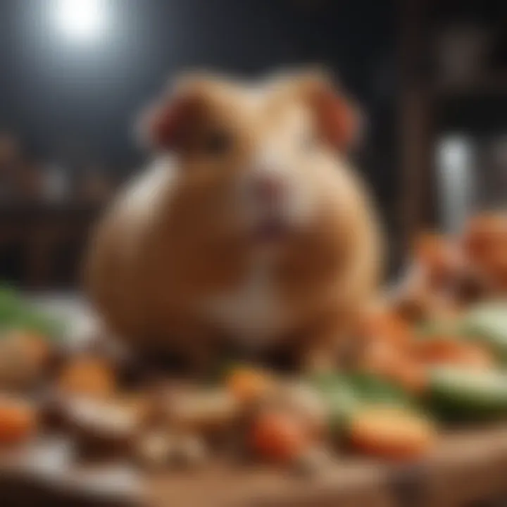 A guinea pig enjoying a variety of healthy foods and treats.