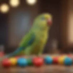 A charming parakeet perched on a colorful toy