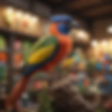 Colorful exotic bird perched on a branch inside a pet store