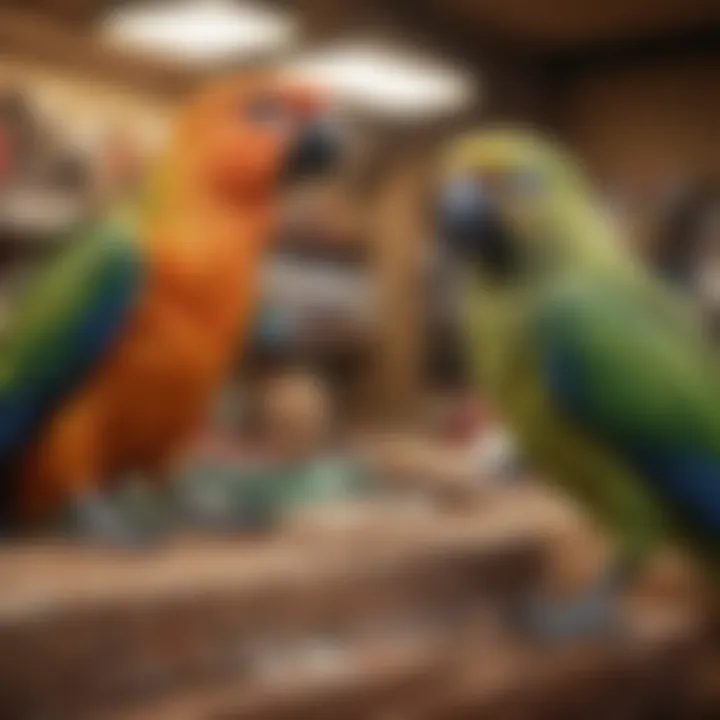 Close-up of an exotic bird receiving gentle care from a store staff