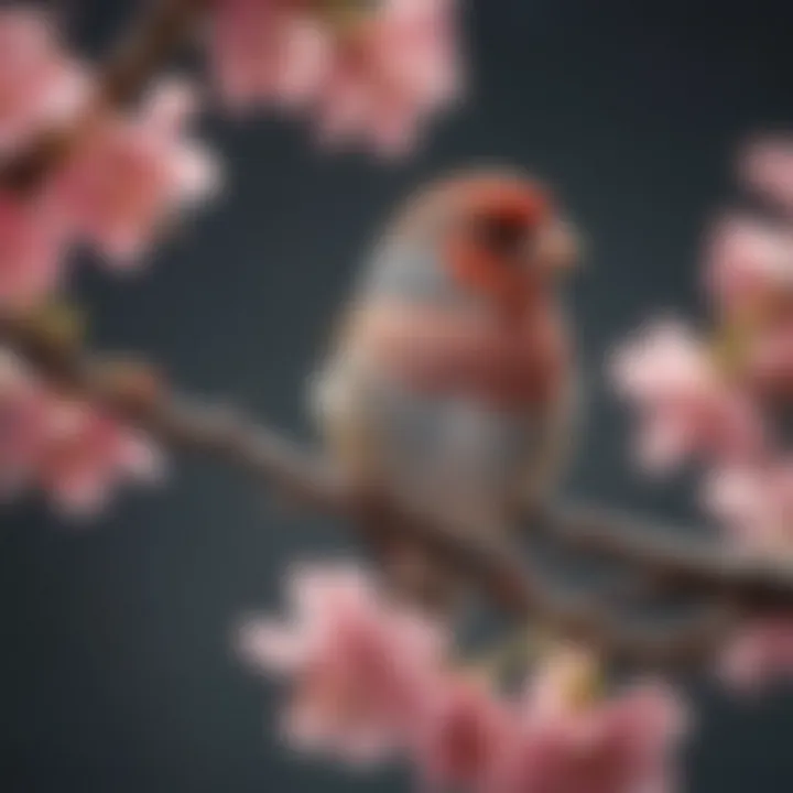 A stunning image of a finch perched on a delicate branch with blossoms