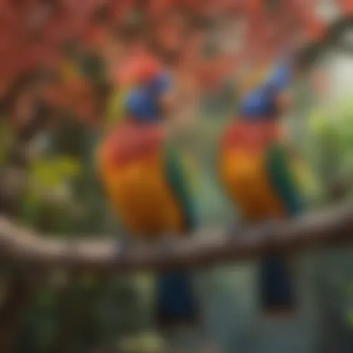 A vibrant collection of exotic pet birds perched on a colorful tree branch