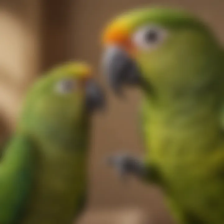 A close-up of a green Amazon parrot interacting with its owner, displaying intelligence and social behavior.