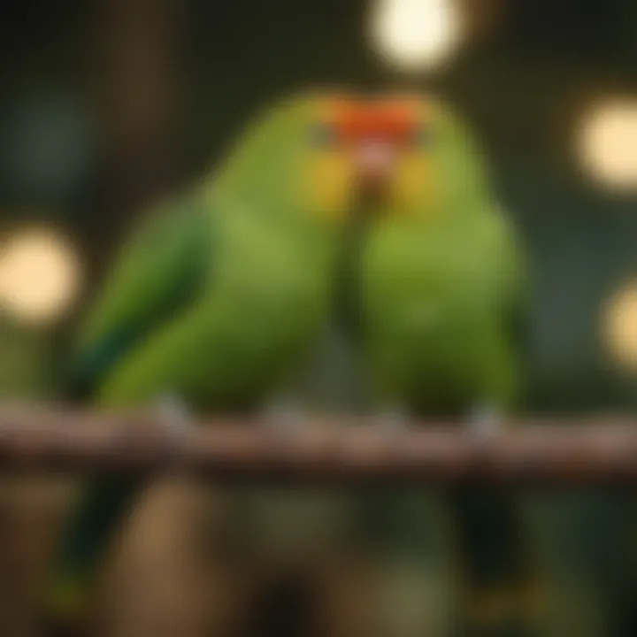 A serene scene of a green lovebird snuggling next to a toy in its aviary, highlighting its playful nature.