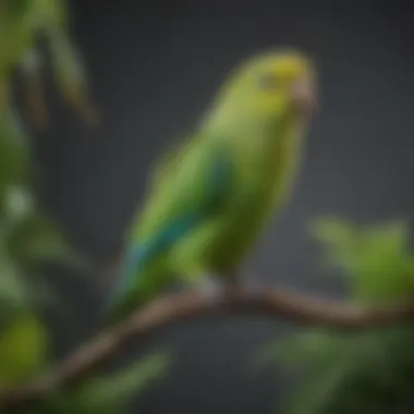 A vibrant green parakeet perched on a branch, showcasing its colorful plumage and curious demeanor.