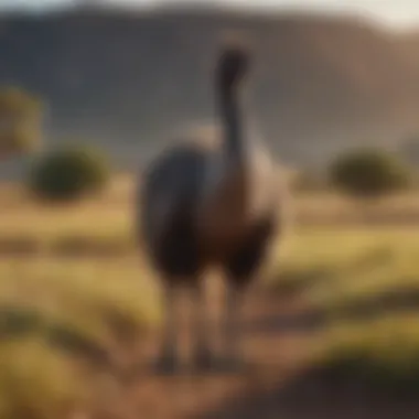 Emu standing gracefully in an open field, illustrating its adaptation to terrestrial life