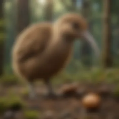 Kiwi bird foraging on the forest floor, highlighting its ecological role