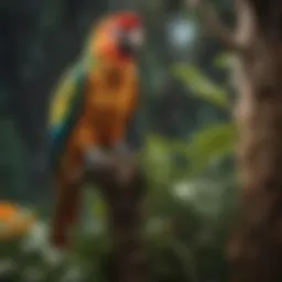 A vibrant large parrot perched on a tree stand surrounded by natural foliage.