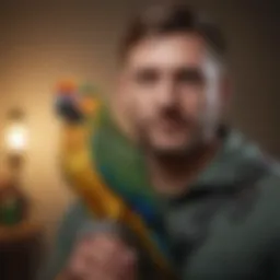 A vibrant parrot perched on a shoulder, showcasing a bond between bird and owner.