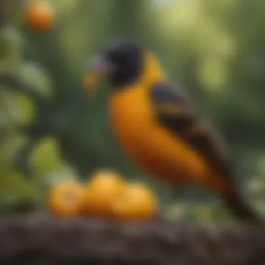 Close-up of oriole feeding on fruit