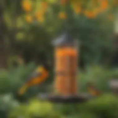 A variety of oriole feeders displayed in a garden setting