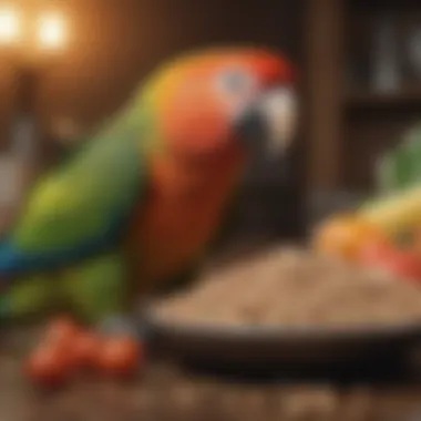 A healthy parrot enjoying a balanced meal filled with grains and fresh produce