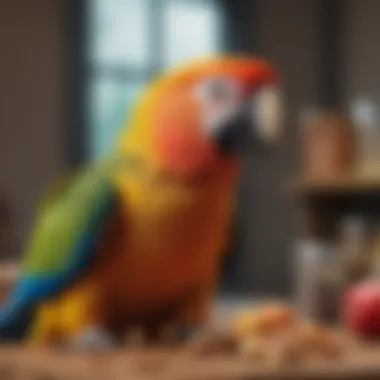 An enriched feeding environment with toys and fresh food for a parrot