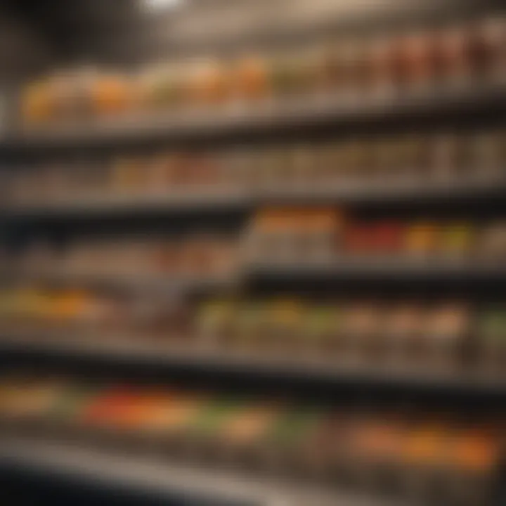 Different types of commercial parrot food packages lined up on a shelf